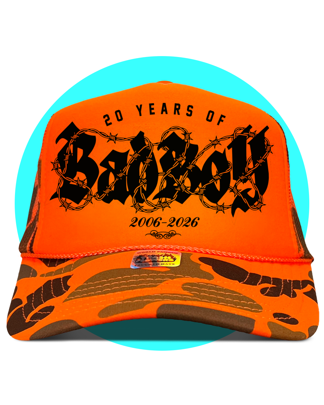 20 Years of Bad Boy Joey Janela Hunting Orange Camo Trucker Hat