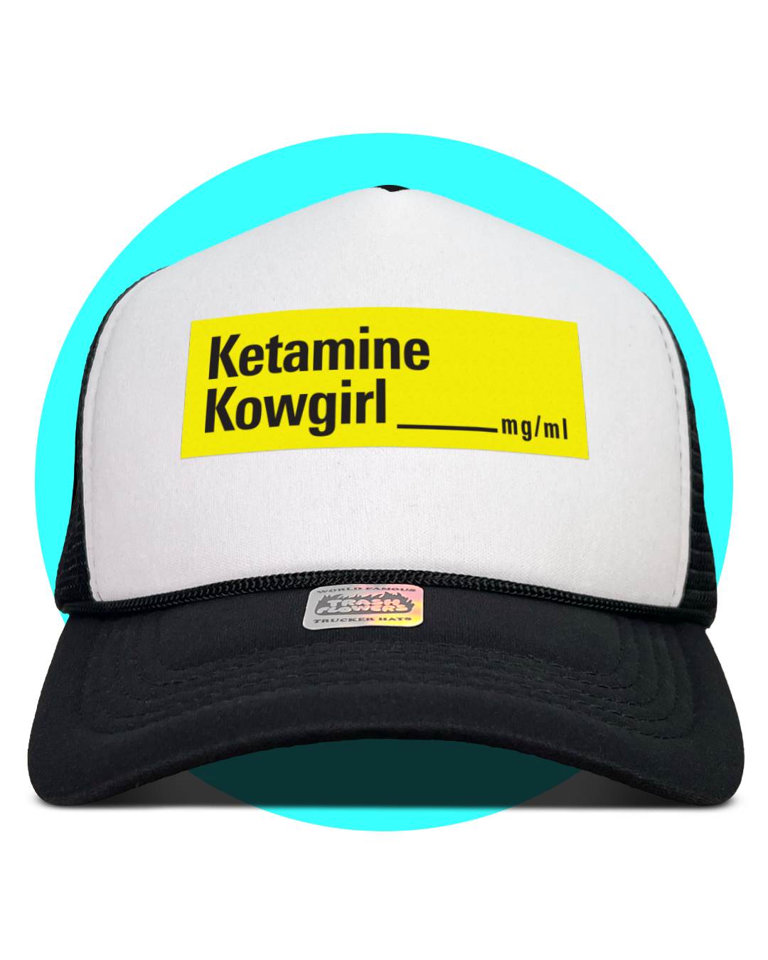 Ketamine Kowgirl Trucker Hat in black and white