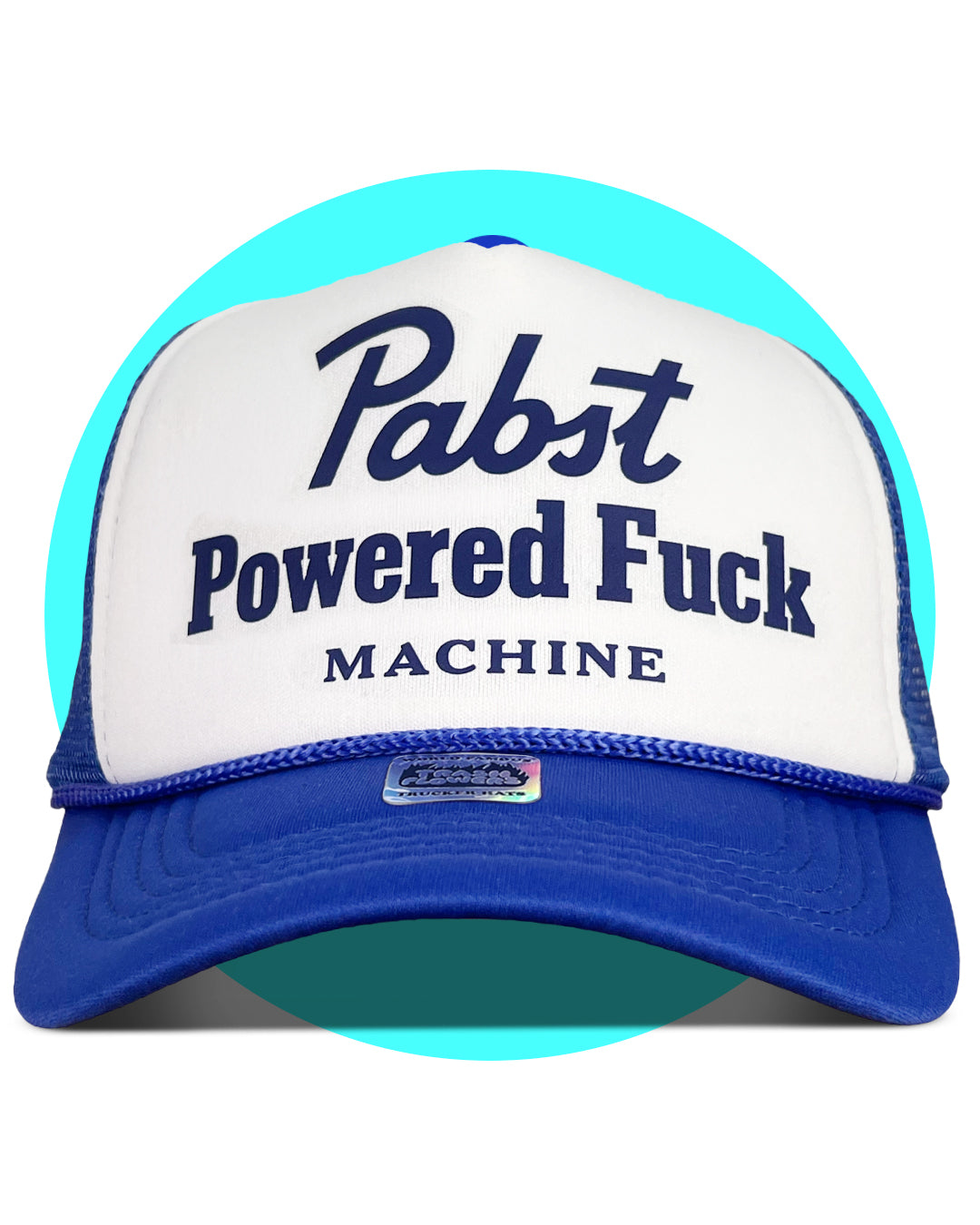 Pabst Powered Fuck Machine Trucker Hat in blue and white