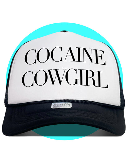 Cocaine Cowgirl Trucker Hat in black and white