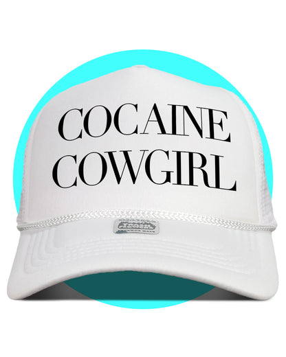 Cocaine Cowgirl Trucker Hat in solid white