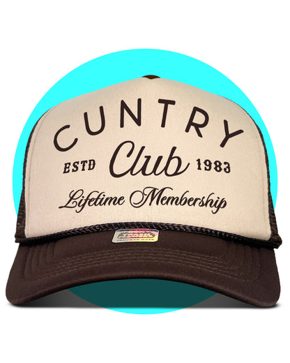 Cuntry Club Lifetime Membership Trucker Hat in brown and tan