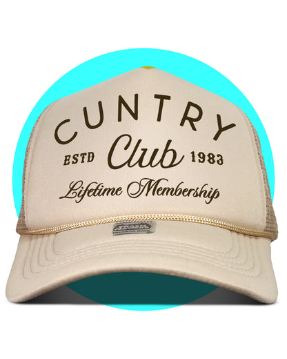 Cuntry Club Lifetime Membership Trucker Hat in tan