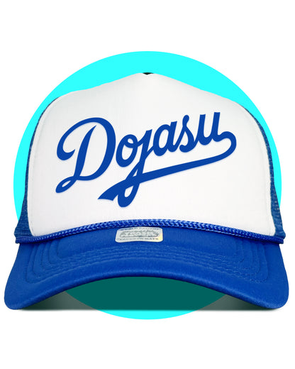 Do Ja Su Weeb Dodgers Trucker Hat in blue and white