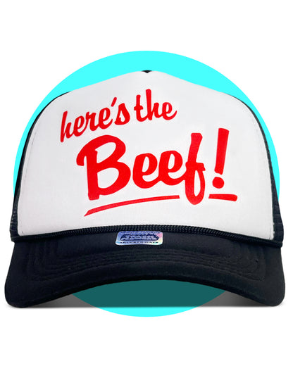 Here's The Beef! Trucker Hat in black and white