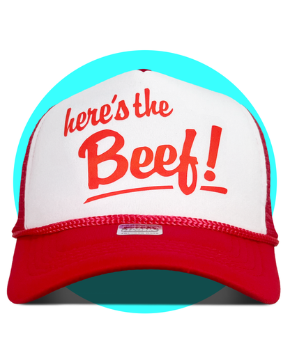 Here's The Beef! Trucker Hat in red and white