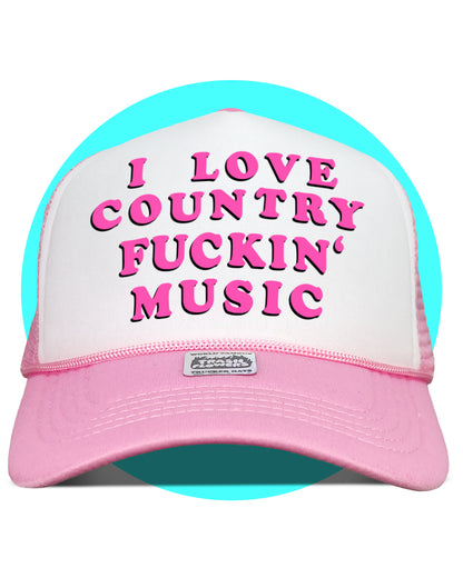 I Love Country Fuckin' Music Trucker Hat in soft pink and white