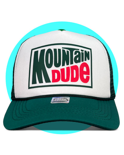 Mountain Dude Trucker Hat in forest green and white
