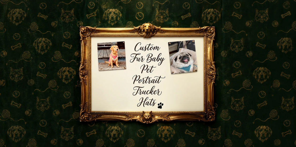 Gold picture frame reading Custom Fur Baby Pet Portrait Trucker Hats on dog and cat wallpaper