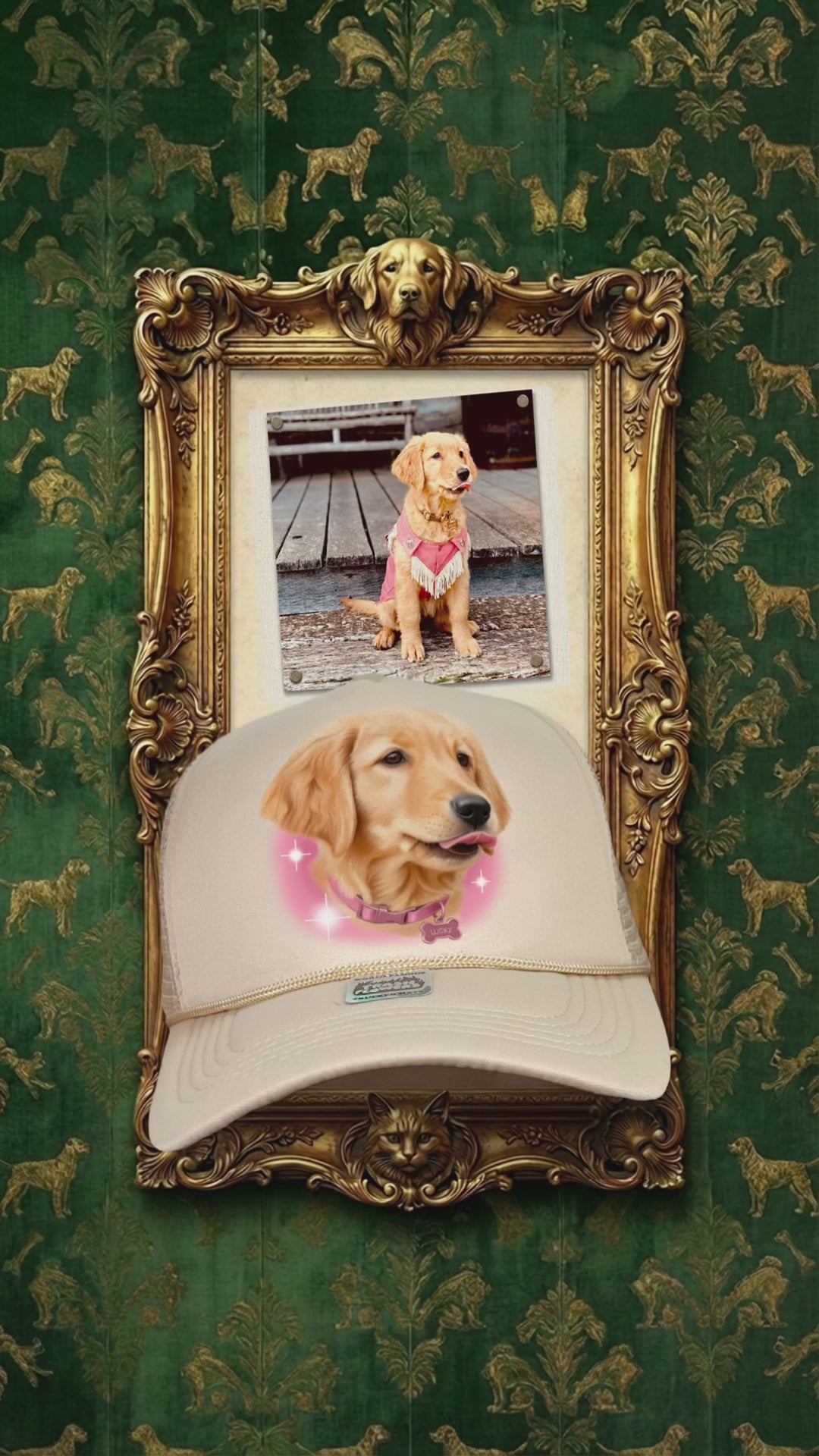 Custom pet portrait trucker hats in a gold frame