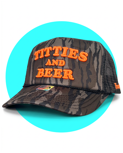 Titties and Beer Mossy Oak Camo Embroidered Trucker Hat