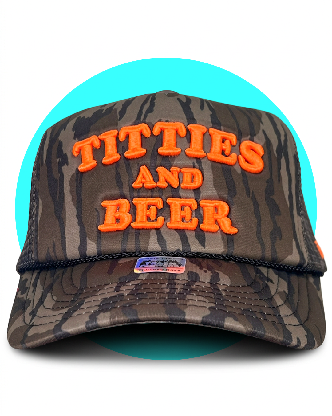 Titties and Beer Mossy Oak Camo Embroidered Trucker Hat