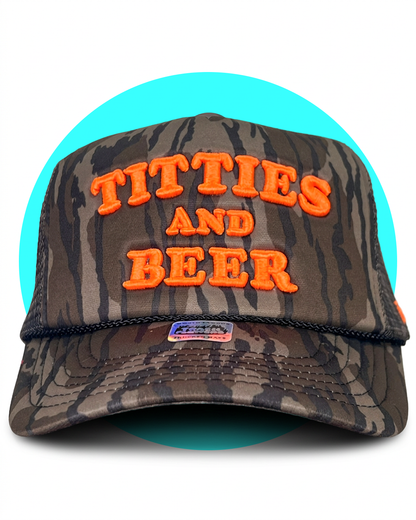 Titties and Beer Mossy Oak Camo Embroidered Trucker Hat