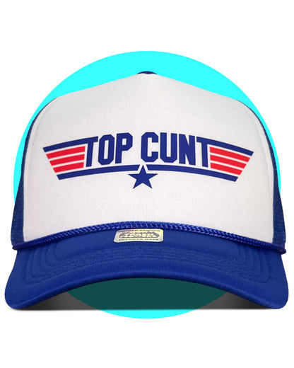 Top Cunt Trucker Hat in dodger blue and white